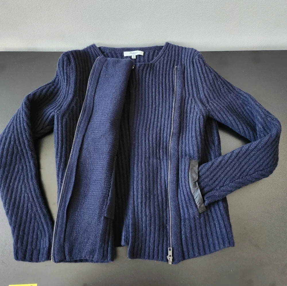 Blue Ribbed Knit Zip Sweater Jacket - Picture 2 of 4